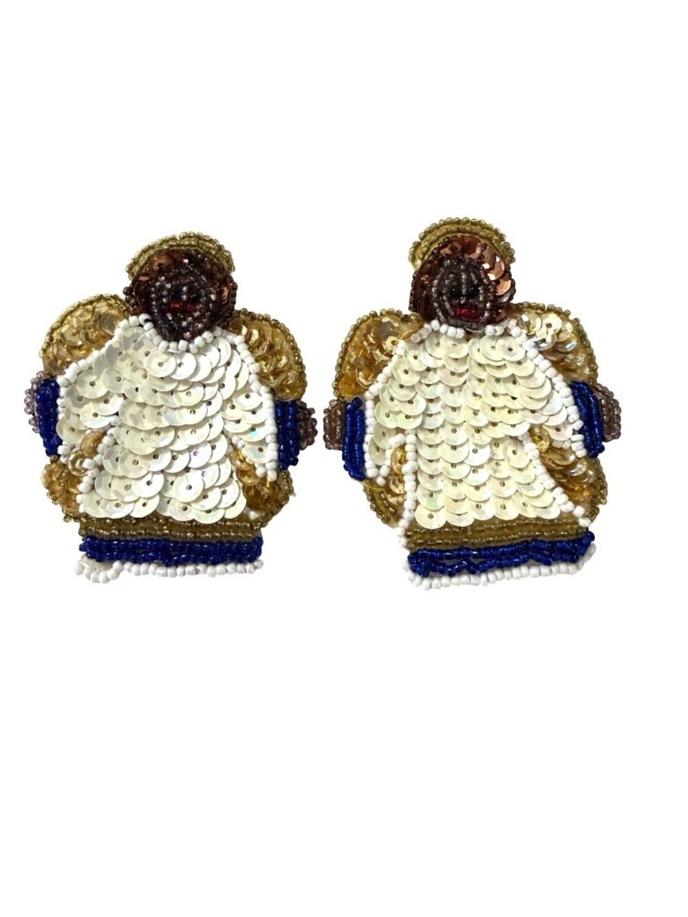 Vintage 1960s 1970s Hand Beaded Sequin Angel Brooch Pins Pair Christmas